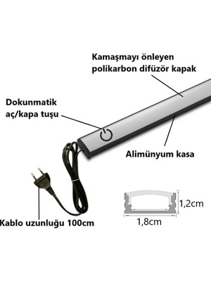 Rultech Dokunmatik 120CM Gün Işık Tak Çalıştır LED Işık Mutfak, Dolap, Tezgah Altı, Duvar Dekoratif Gece Lamba