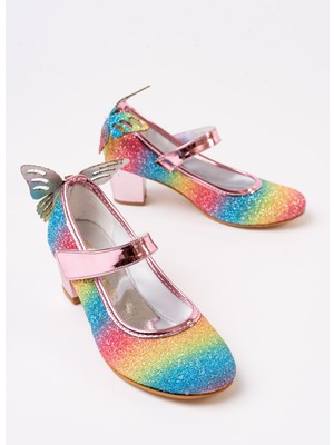 Papuccum Ortopedi Kız Çocuk Gökkuşağı Kelebekli Topuklu Abiye Ayakkabı