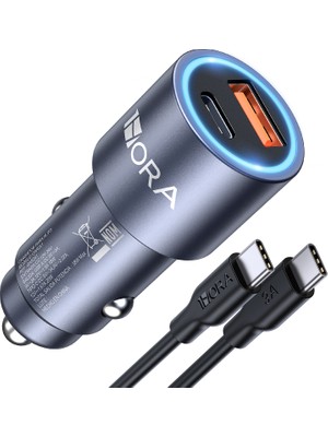 1hora GAR241 Pd+Qc Metal Araç Şarj Cihazı (20W+18W) - 1m Type-C To Type-C Kablosu - Gri