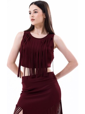 Arkası Fermuarlı Önü Püsküllü Scuba Bustiyer | BST35811 Bordo