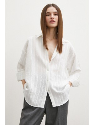Never More Dokulu Çizgili Gömlek Krem