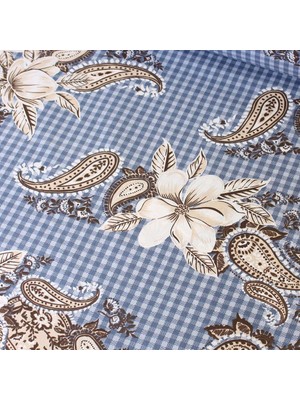 Indigo Mavi Şal Desen Nevresimlik Poplin Kumaş-Vera