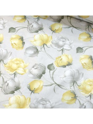 Gri Sarı Gül Nevresimlik Poplin Kumaş-Vrgld
