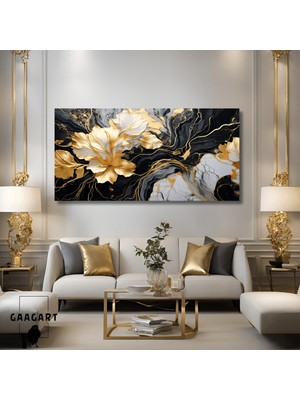 Gaagart Panoramik Kanvas Duvar Tablosu Soyut Gold Siyah Mermer Deseni Çiçek