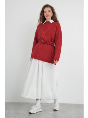 Örümcek Örgülü Kazak Kırmızı