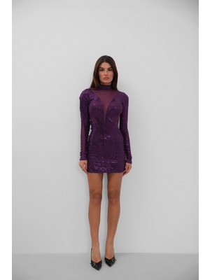 Tül Detaylı Mini Mor Elbise