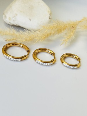 Koala Company Üçlü Set Çelik Gold Renk Zircon Taşlı Halka Küpe 12 mm - 15 mm - 18 mm