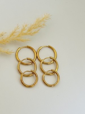 Koala Company Üçlü Set Çelik Gold Kaplama Halka Küpe 12 mm - 15 mm - 18 mm