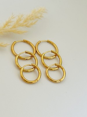 Koala Company Üçlü Set Çelik Gold Kaplama Halka Küpe 12 mm - 15 mm - 18 mm