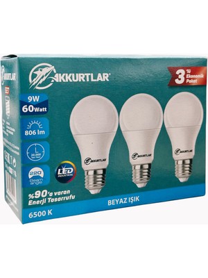 Akkurtlar Led Lamba 9W-60W 806 Lümen Beyaz Işık E27 (3'lü Ekopaket)