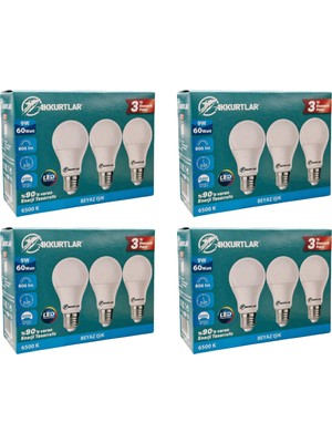 Akkurtlar Led Lamba 9W-60W 806 Lümen Beyaz Işık E-27 (12'li EKOPAKET )