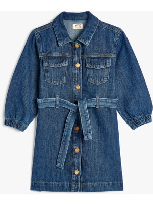 Koton Kot Elbise Gömlek Yaka Uzun Kollu Kemer ve Düğme Detaylı Pamuklu