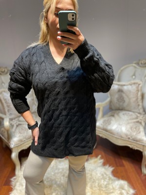 Gokilibutik Kadın V Yaka Siyah Kazak örgü desen tunik