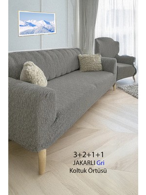 Baqdo Jakarlı Çubuk, Düz Desen 3+2+1+1 Lastikli Koltuk ,kanepe ,çekyat Örtüsü ,kılıfı Esnekli 3211 Gri