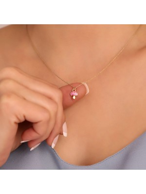 Nox Jewelry 925 Ayar Minimal Pembe Renkli Mineli Mantar Gümüş Kolye - CNE00130