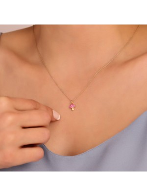 Nox Jewelry 925 Ayar Minimal Pembe Renkli Mineli Mantar Gümüş Kolye - CNE00130