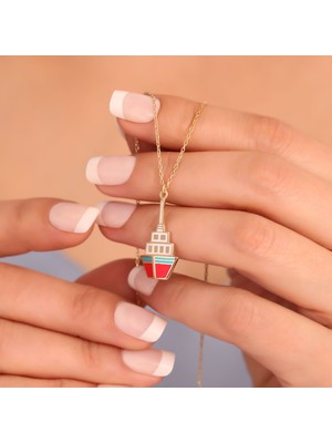 Nox Jewelry 925 Ayar Altın Kaplama Mineli Gemi Figür Tasarım Gümüş Kolye - CNE00132