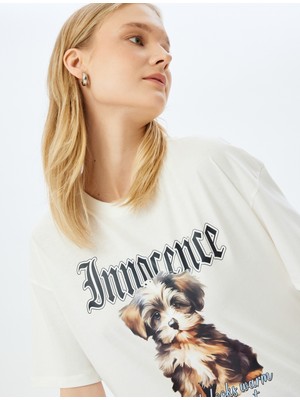 Koton Köpek Baskılı Sloganlı Bisiklet Yaka Kısa Kollu T-Shirt