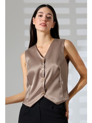 Mois Atelier Vizon Saten Gold Düğme Çıt Çıt Kapama V Yaka Yelek Tasarım Hediye Büyük Beden