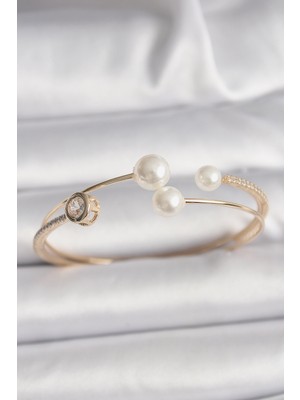 Shopzum Pirinç Gold Renk Zirkon Taşlı Top Incili Kadın Bileklik