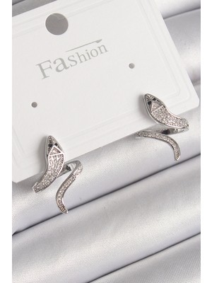 Shopzum Pirinç Gümüş Renk Zirkon Taşlı Yılan Model Kadın Küpe