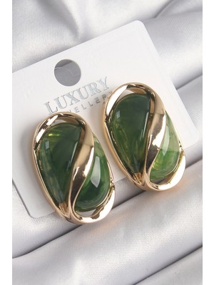 Shopzum Pirinç Gold Renk Yeşil Oval Vintage Kadın Küpe