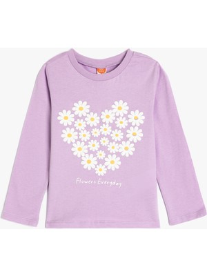 Koton Kız Çocuk Uzun Kollu Pamuklu Tişört Günlük Stil Mor Çiçek Desenli Truvakar Kol