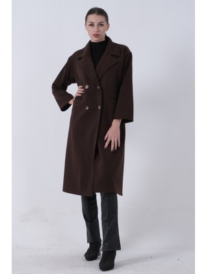 Kahve Önden Düğmeli  Oversize Örme Kaşe Kaban 0108068.05