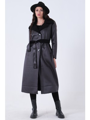Feminist Siyah Süet Düğmeli Seyyar Kemerli Kaban 0108087.01