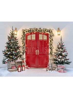 Kırmızı Kapı Arka Planı ile Büyüleyici Noel Manzarası 200x150cm, Stüdyo Fonu