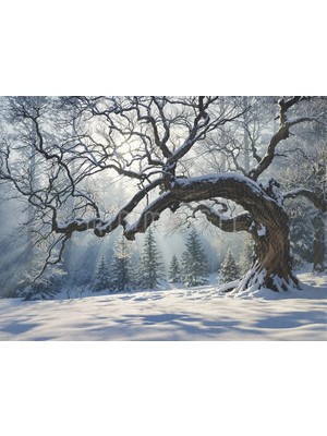 Büyüleyici Kış Manzarası: Karla Kaplı Ağaçlar ve Güneş Işınları, 200x150cm, Stüdyo Fonu