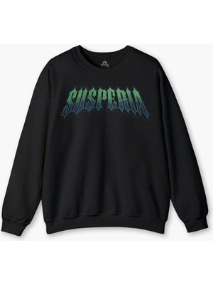 Siyah Sweat Susperia Typography Gothic Y2K Metal Music Yazı Baskılı Bisiklet Yaka Sweatshirt