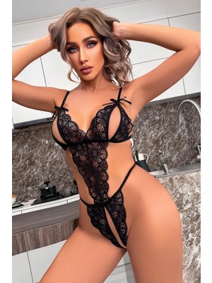 Leyna Özel Bölgesi Açık Dantelli Siyah Fantazi Babydoll TM1309