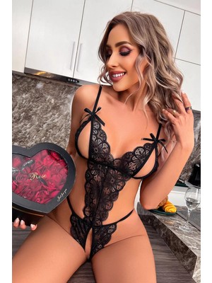 Leyna Özel Bölgesi Açık Dantelli Siyah Fantazi Babydoll TM1309