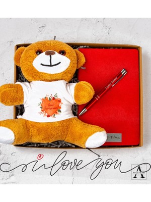 Kişiye Özel Hediye Seti-  Peluş Ayıcık - Çizgili Defter - Tükenmez Kalem