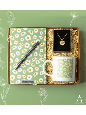 Kişiye Özel Papatya Temalı Hediye Seti- Papatya Defter - Papatya Kolye - Tükenmez Kalem - Beyaz Kupa - Papatya Kart Notu