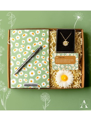 Kişiye Özel Papatya Hediye Seti- Papatya Defter - Papatya Kolye - Papatya Mum - Tükenmez Kalem - Papatya Kart Notu