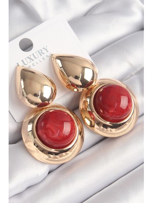 Clariss Pirinç Gold Renk Damla Model Kırmızı Doğal Taşlı Vintage Kadın Küpe