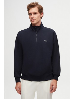 Twn Oversize Lacivert Düz Yarım Fermuarlı Pamuklu Mevsimlik Sweatshirt