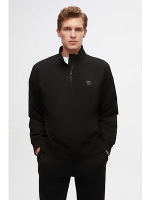Twn Oversize Siyah Düz Yarım Fermuarlı Pamuklu Mevsimlik Sweatshirt 2ECE25ORT2796