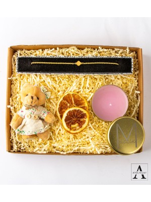 Kişiye Özel Hediye Seti- Peluş Ayıcık Anahtarlık - Yonca Bileklik - Metal Mum - Kuru Limon Dilimi