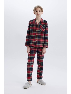 DeFacto Erkek Çocuk Pijama Takımı Flanel Kareli Uzun Kollu Üst Beli Lastikli Uzun Alt D8577A824WN