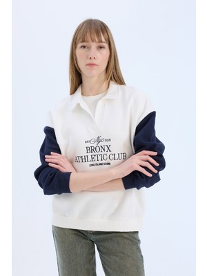 DeFacto Oversize Geniş Kalıp Polo Yaka Baskılı Kalın Sweatshirt E1852AX24WN