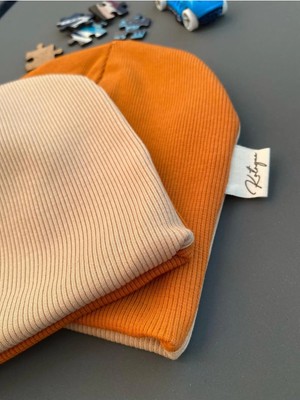 1-3 Yaş Bebek Bere Şapka Kiremit- Sürlü Kahve Renkli Çift Katlı