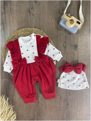 Bebicix Kalp Baskılı Fiyonk Detaylı Bereli Kız Bebek Tulum