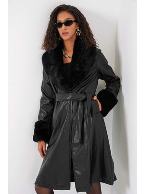 Kadın Siyah Kürk Yaka Kuşaklı Suni Deri Kaban HZL25W-BD110451