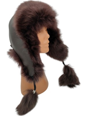 AbbasShop Hakiki Deri Kuzu Kürklü Toskanalı Tokalı Ushanka Şapka Erkek Kadın Şapka Bere Koyukahve