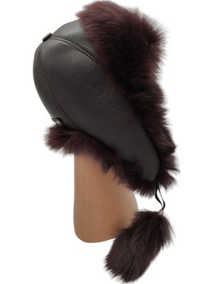 AbbasShop Hakiki Deri Kuzu Kürklü Toskanalı Tokalı Ushanka Şapka Erkek Kadın Şapka Bere Koyukahve