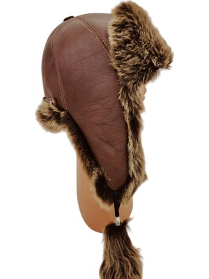 AbbasShop Hakiki Deri Kuzu Kürklü Toskanalı Ushanka Şapka Bere Ayarlanabilir Tokalı