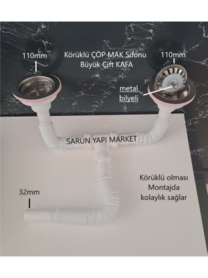 Karışık Körüklü Sifon Lüx Çiftli Çöp Mak ( Metal Bilyalı ) - Süzgü Ø 110 mm - Ø 32'lik Çıkışlı